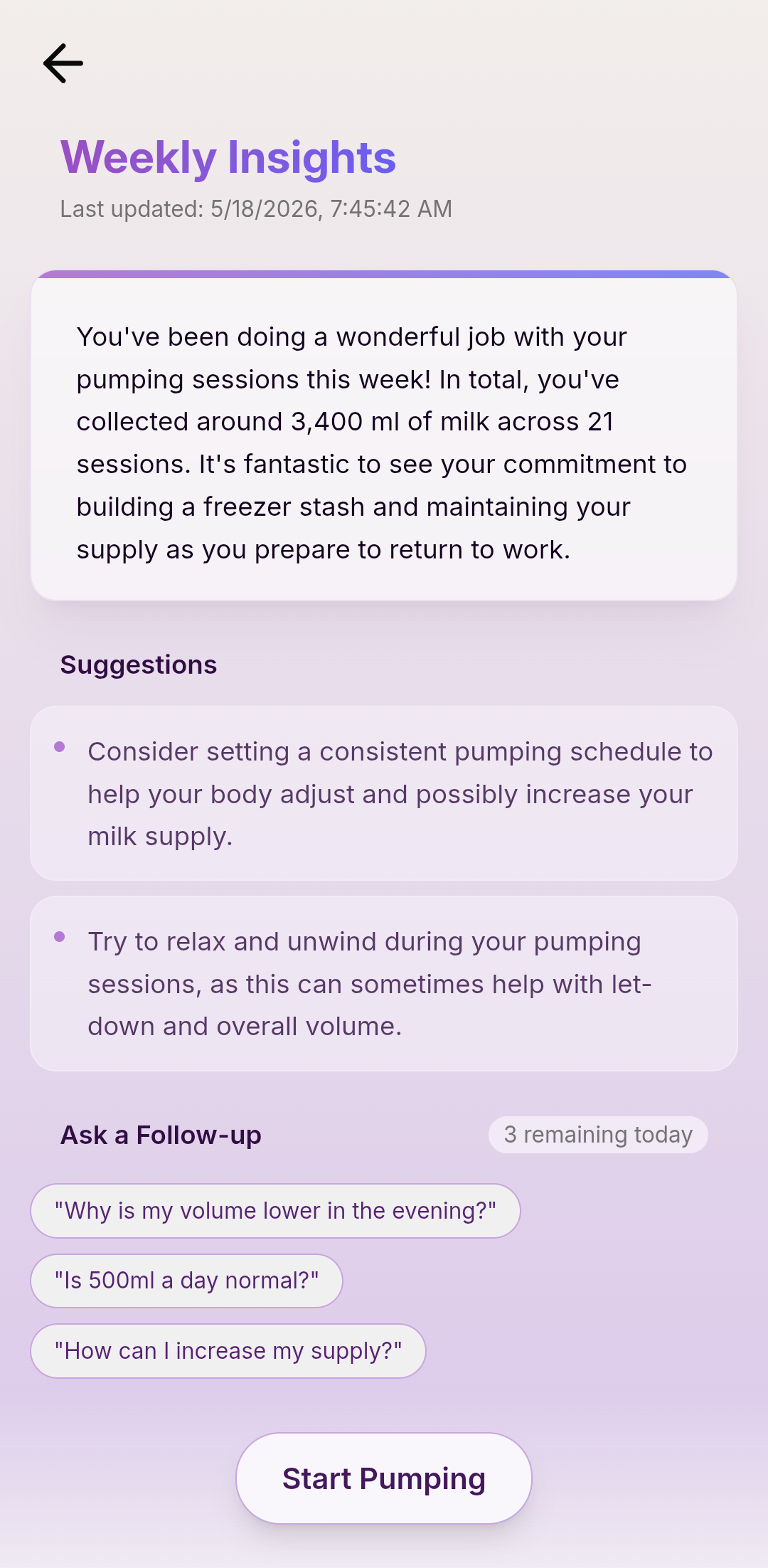Weekly insights screen with an AI summary, suggestions, and selectable follow-up questions